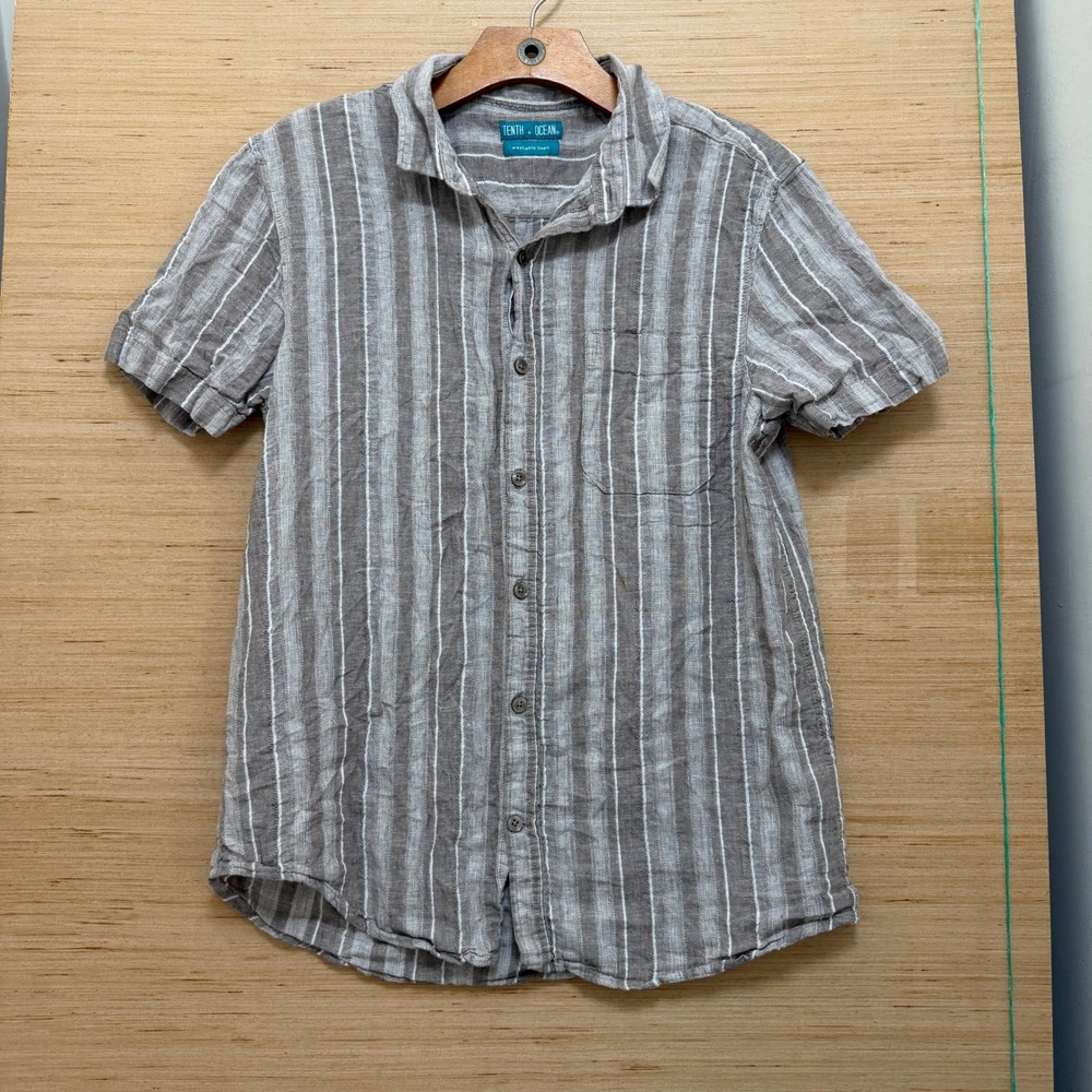Tenth + Ocean Mens Medium Washable Linen Striped Short Sleeve Button Down Shirt